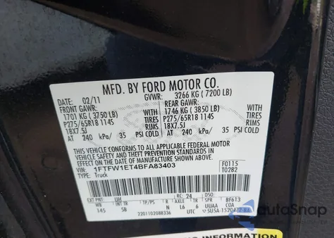 2011 Ford F-150 Fx4 z USA, uszkodzony, nr VIN 1FTFW1ET4BFA83403